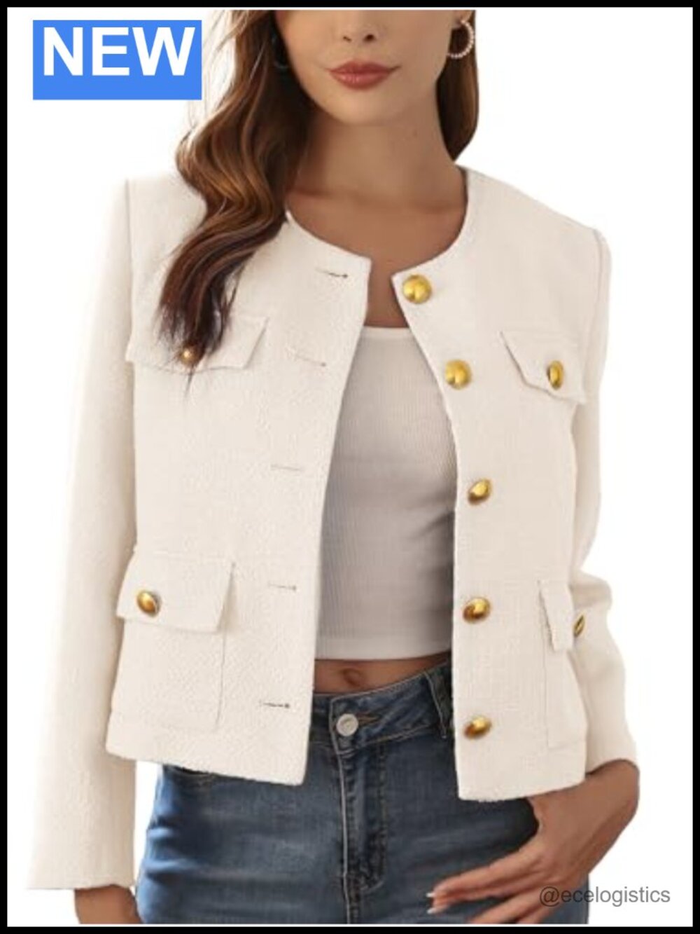 Cropped Tweed Blazers Women's Single-Breasted Collarless with Pockets